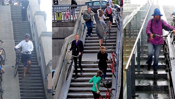 Rampa para deslizamento de bicicletas em escadarias