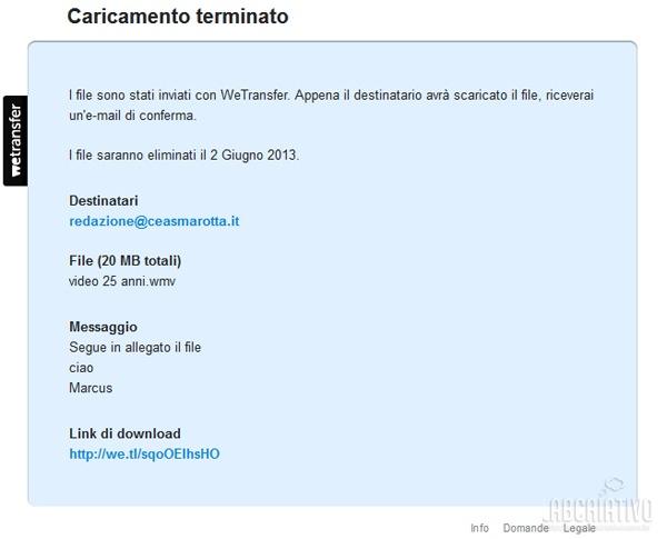 E-mail de confirmação do We transfer de que o vídeo está disponível para download