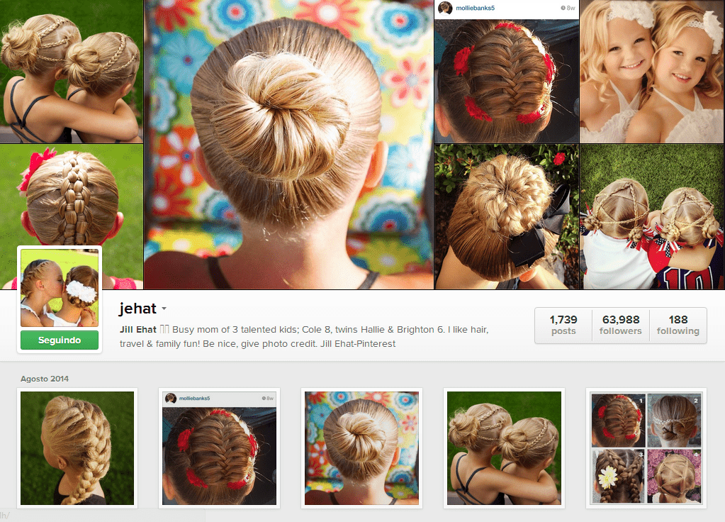 Jill Ehat é mãe de 3 crianças e vem fazendo sucesso na rede social Instagram com fotos de peteados incríveis que faz em suas filhas gêmeas de 06 anos.