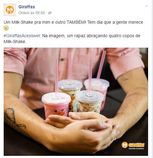 Página do Giraffas, que aderiu recentemente à acessibilidade nas psotagens pela hashtag #GiraffasAcessivel