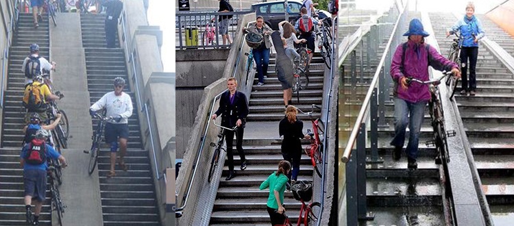 Rampa para deslizamento de bicicletas em escadarias