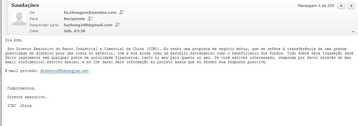 Saudações Dia bom, Sou Diretor Executivo do Banco Industrial e Comercial da China (ICBC). Eu tenho uma proposta de negócio mútuo, que se refere à transferência de uma grande quantidade de dinheiro para uma conta no exterior, com a sua ajuda como um parceiro estrangeiro como o beneficiário dos fundos. Tudo sobre esta transação será feito legalmente sem qualquer ponte de autoridade financeira, tanto no meu país quanto no seu. Se você estiver interessado, responda por favor através de meu email confidencial escrito abaixo, e eu lhe darei mais informação eo projeto assim que eu recebo sua resposta positiva. E-mail privado: director@fuhongjun.net Cumprimentos, Diretor executivo. ICBC .China