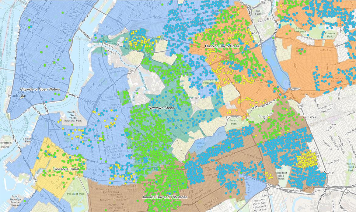 Captura de tela do Mapa do Programa de Infraestrutura Verde do DEP. Pontos verdes indicam projetos concluídos, pontos amarelos são projetos em construção e pontos azuis são projetos em fase final de projeto.