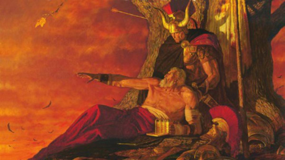 O antigo profeta Mórmon, do Livro de Mórmon, vendo a destruição de seu povo enquanto protegia os registros cuidadosamente.